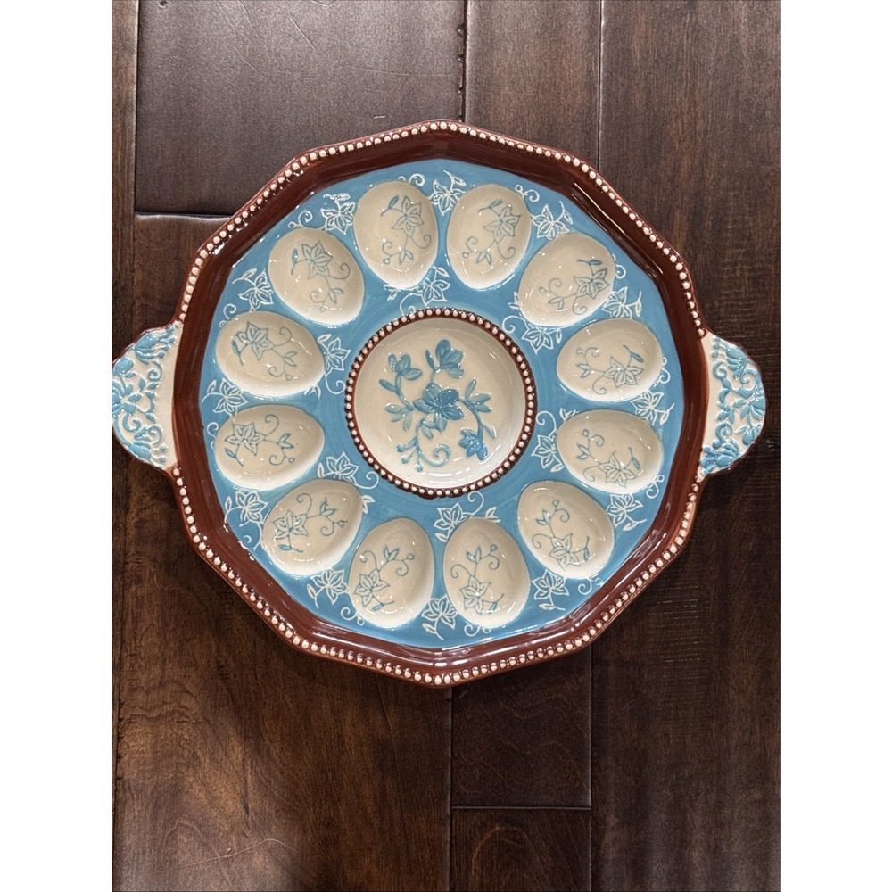 MAJOLICA CERAMIC HAND PAINTED FLORAL EGG PLATTER